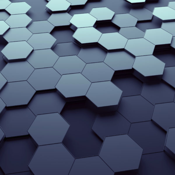 Abstract 3d rendering of futuristic surface with hexagons. Dark sci-fi background.