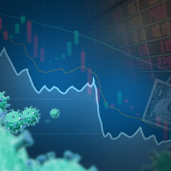 Down trend currency and candle stick, 3d illustrator virus.